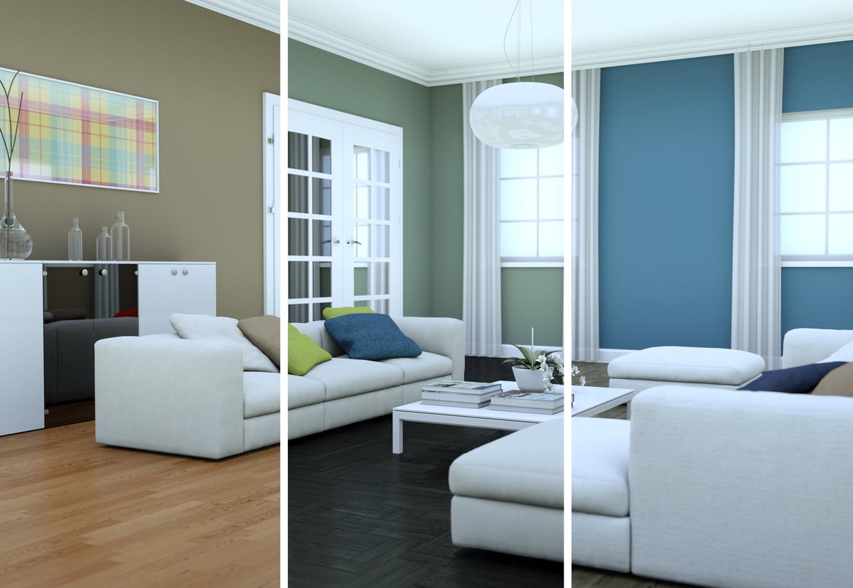 3d Illustration of splitted color variations of a modern loft interior design