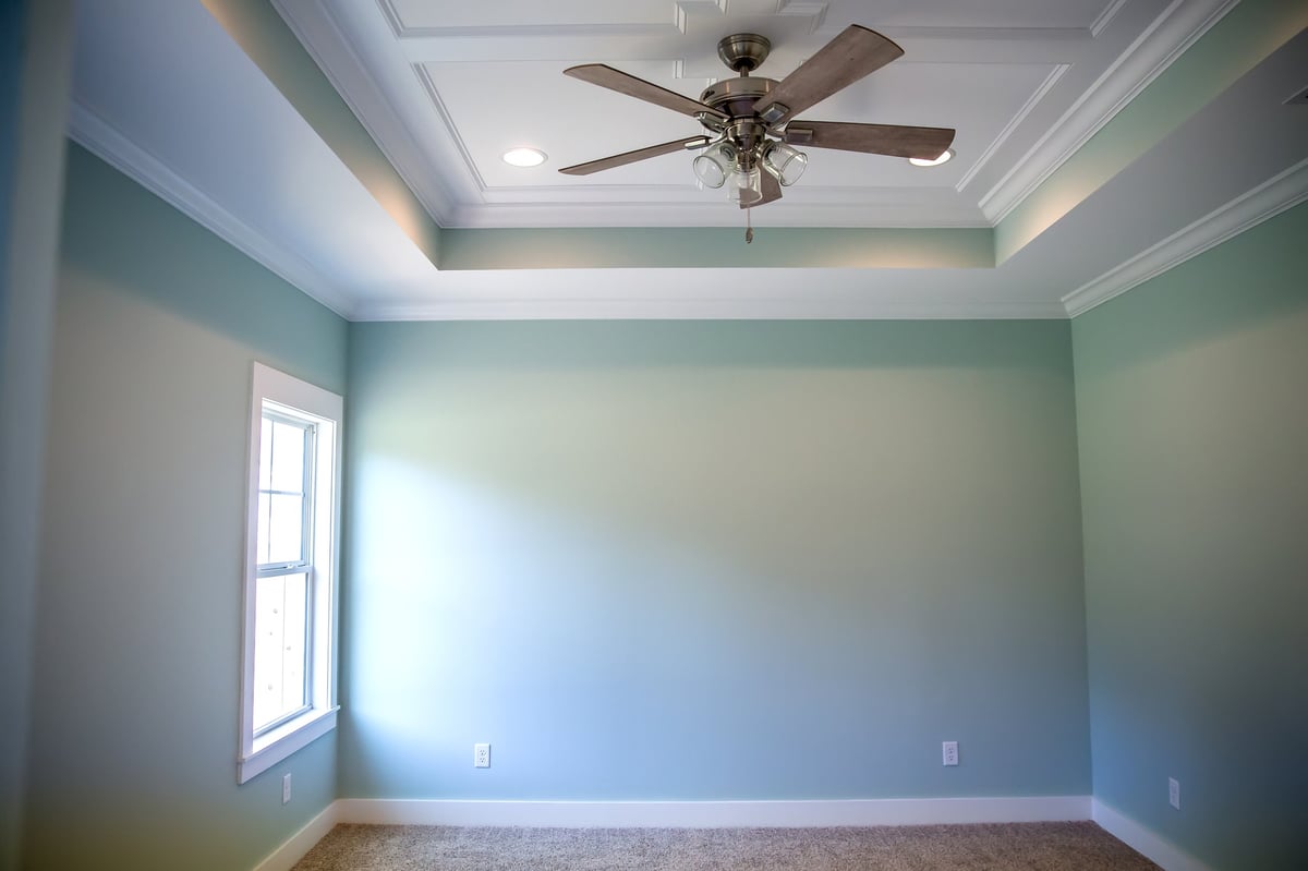 Large master bedroom with a tray ceiling, electric fan and a window