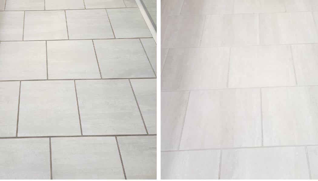 Two close-up views of light gray tile flooring showing herringbone and grid layout patterns with grout lines