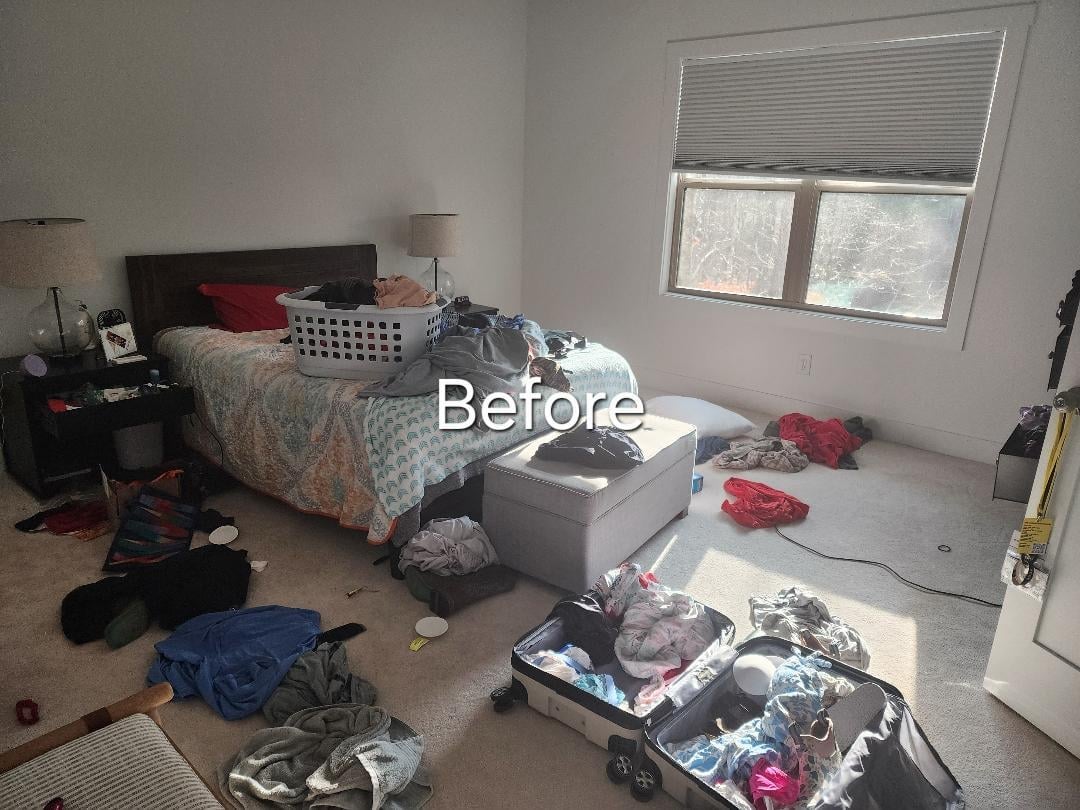 Messy bedroom with cluttered floor, unmade bed piled with clothes and items, and text overlay reading Before