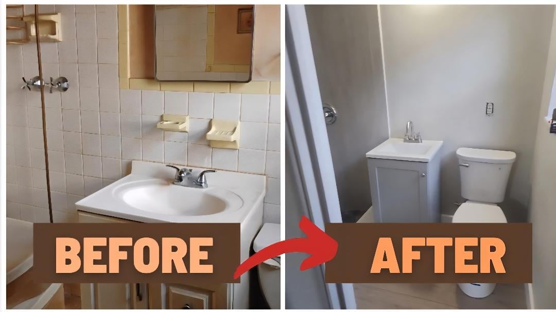 Before and after bathroom renovation showing old pedestal sink replaced with modern white vanity and toilet fixtures