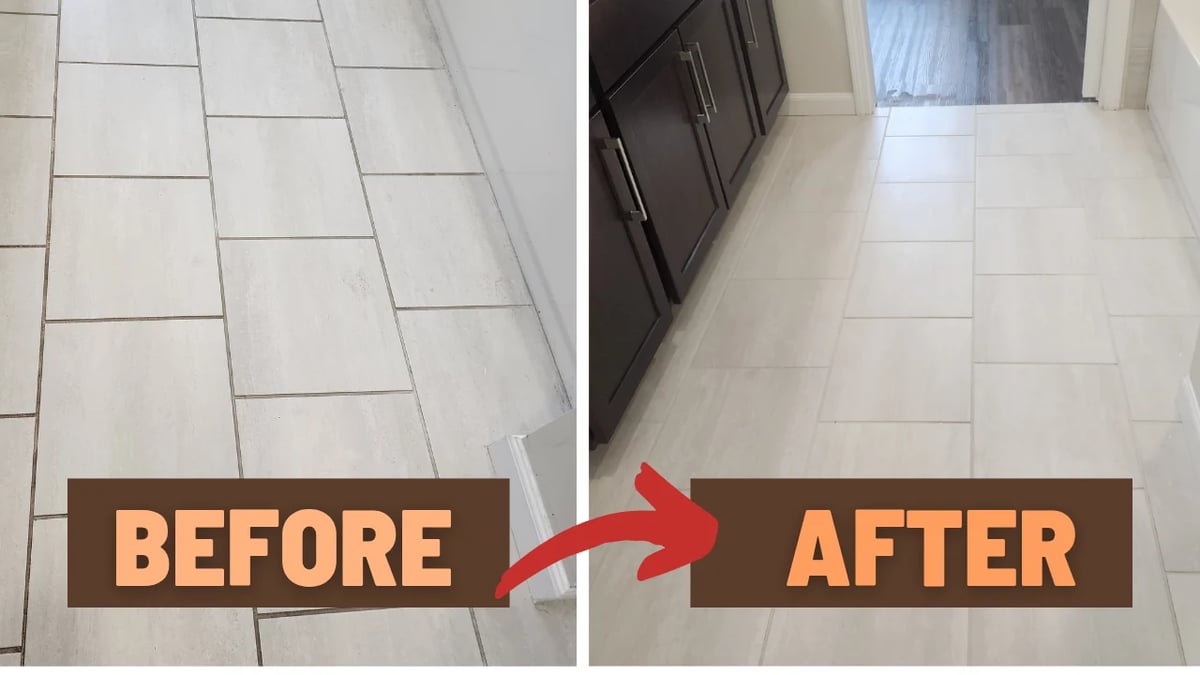 Before and after comparison of tile floor cleaning, showing dirty grout lines transformed to clean white tiles